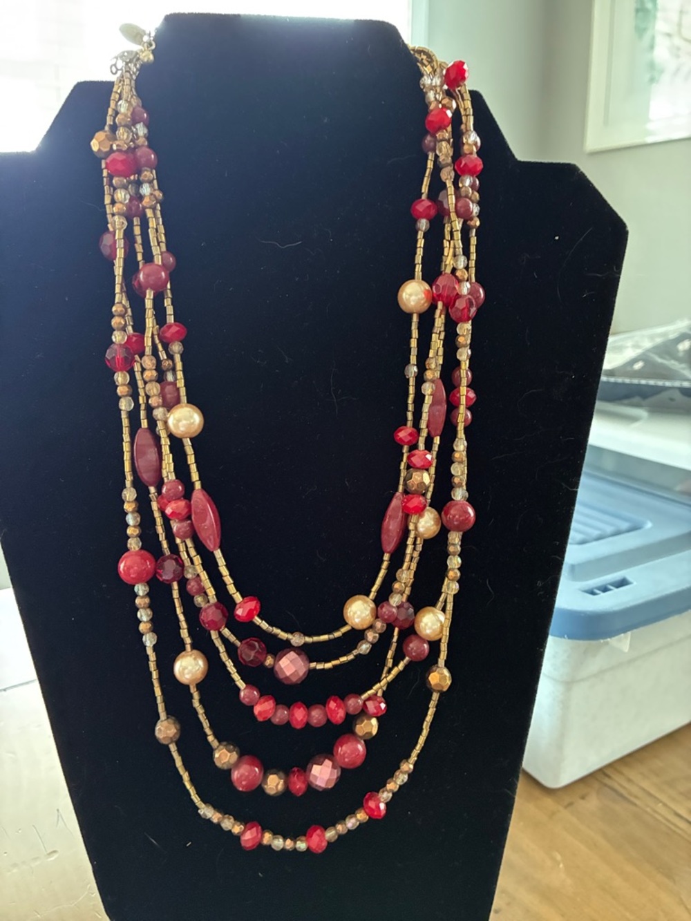 Multi-Strand Red and antique Gold Beaded Necklace - Women Jewelry